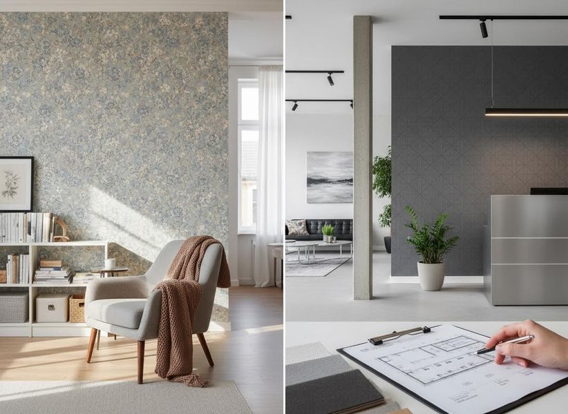 Collage of a cozy living room with floral wallpaper, a modern office reception with geometric wallpaper, and a designer working on blueprints. Interior Design Showcase with Diverse Styles and Planning