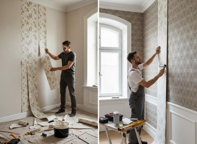 Man installing two different wallpaper patterns in a home