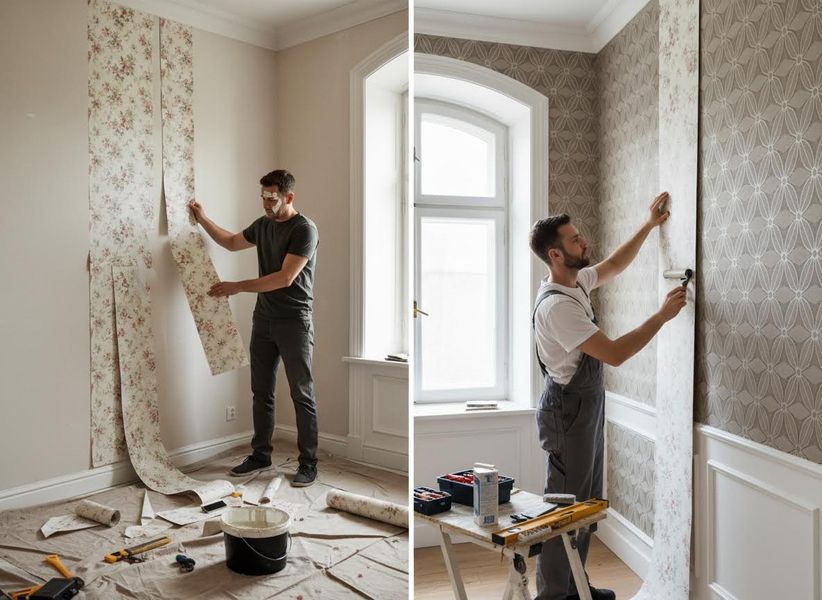 A man installs two different wallpaper patterns: a floral design on the left and a geometric pattern on the right. Man installing two different wallpaper patterns in a home