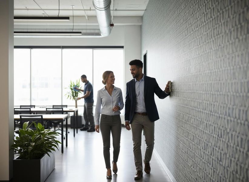 A smiling man and woman converse as they walk through a bright, contemporary office hallway with a cleaner working in the background. Business Colleagues Walking in Modern Office Hallway