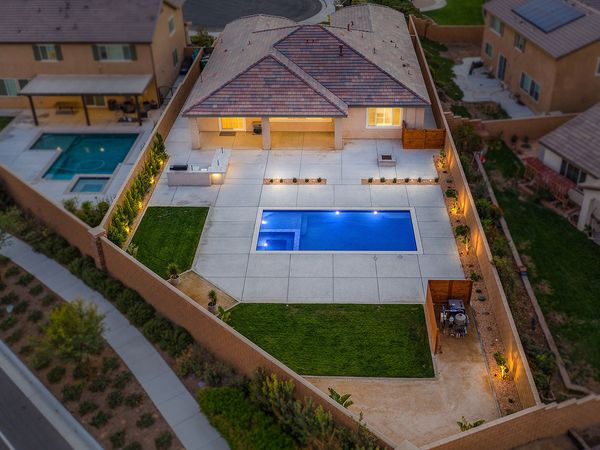 overhead  image of California backyard with pool at sunset