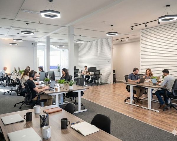 A bright and professional shared workspace environment with team members working at long wooden desks.