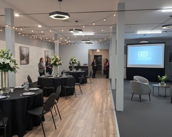 A professional corporate event layout featuring banquet seating and a large projection screen for presentations.