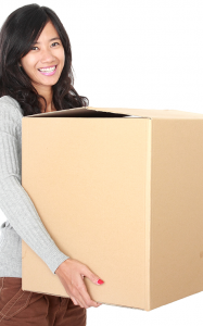 Woman holding one of her moving boxes