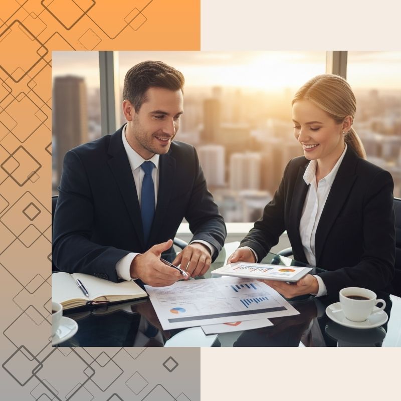 two professional colleagues, a man and a woman, engaged in a positive meeting at a glass conference table in a modern high-rise office