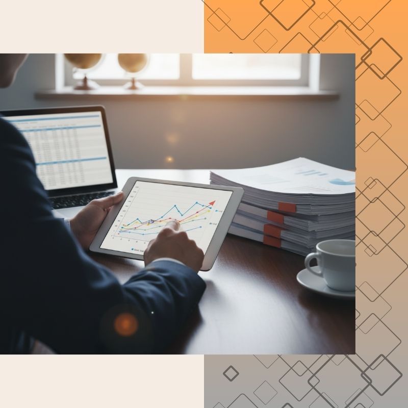 a business professional sits at a polished wooden desk, analyzing a growing financial chart on a digital tablet