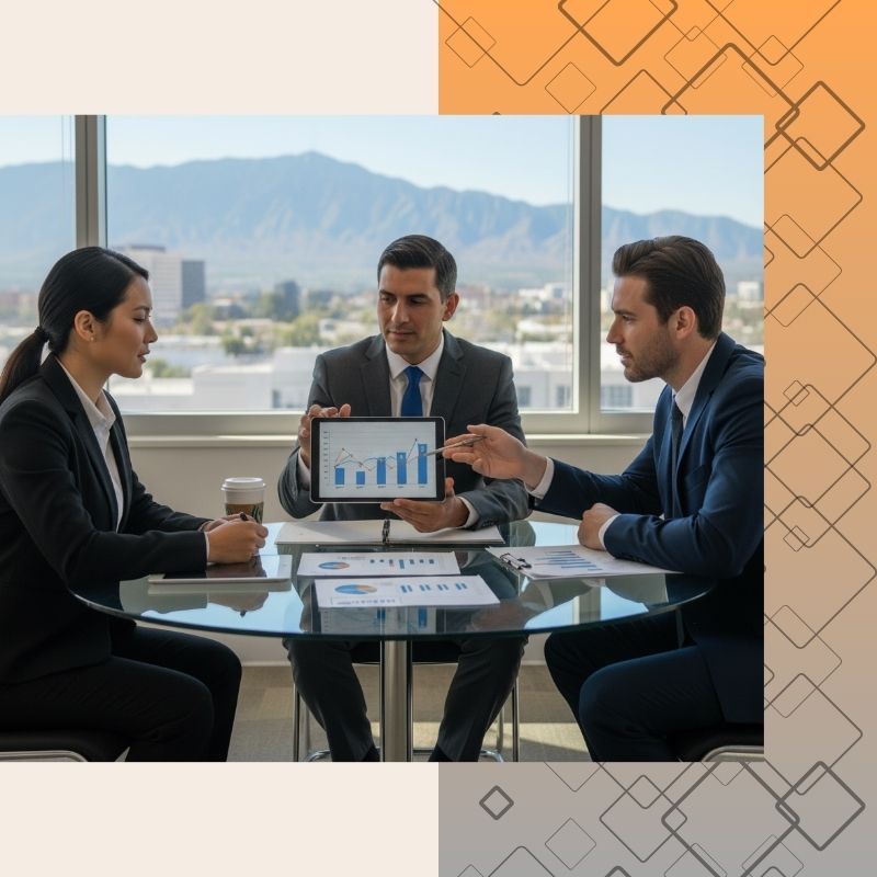 a diverse team of three business professionals in a collaborative meeting, gathered around a glass table to review documents