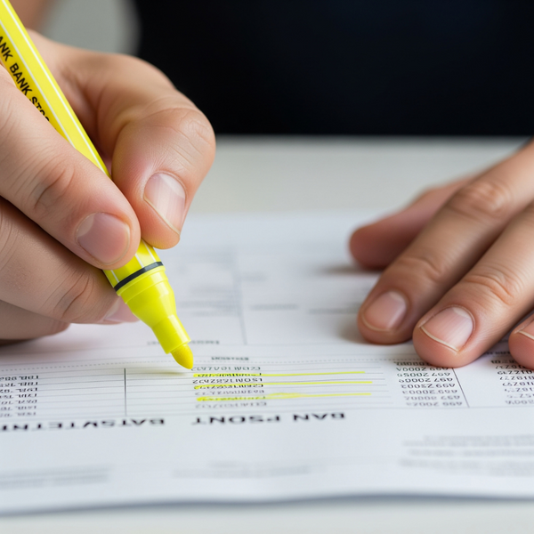 A person highlighting expenses on a bank statement