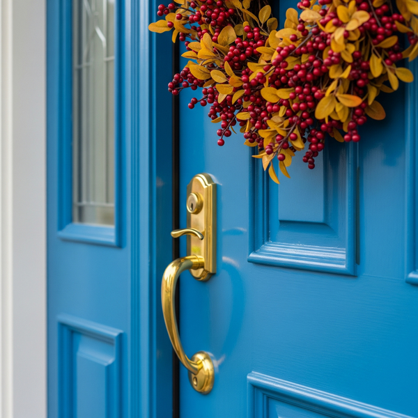 A close-up of a freshly painted blue front door with a decorative wreath, showcasing curb appeal