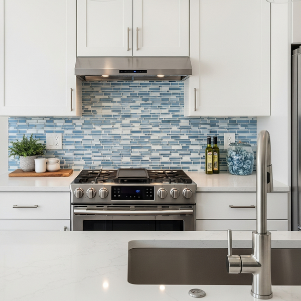 A modern kitchen with a stylish backsplash and updated hardware, a key area for home improvement