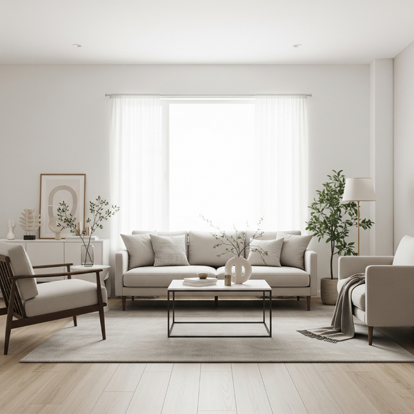 A bright and tidy living room, decluttered and staged for a successful home sale