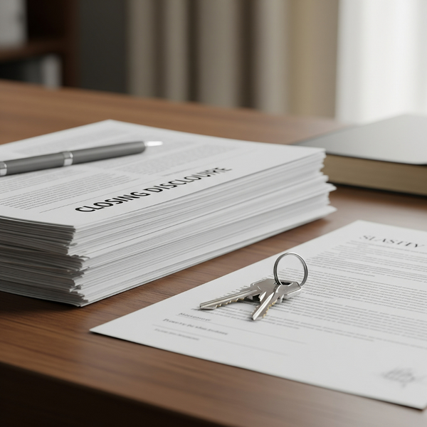 A stack of closing documents next to a set of house keys