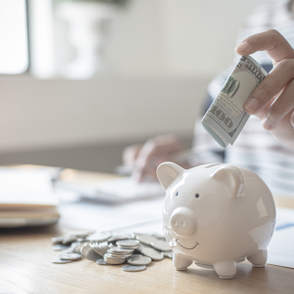 A piggy bank next to a small model of a house and a line of coins