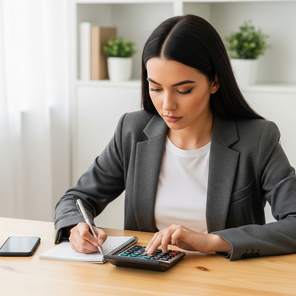 A person at a desk with a calculator and notepad, working on a budget