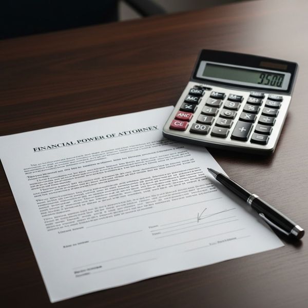 a professional desk scene with a calculator, a sleek pen, and a formal document titled "Financial Power of Attorney"