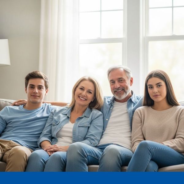 a family sitting together on a couch, looking calm and relieved