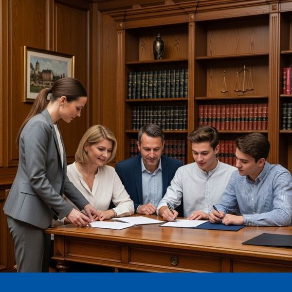 a family is shown in a lawyer's office, privately signing legal documents