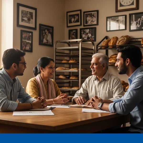 parents are depicted talking to their adult children about the future of their family business