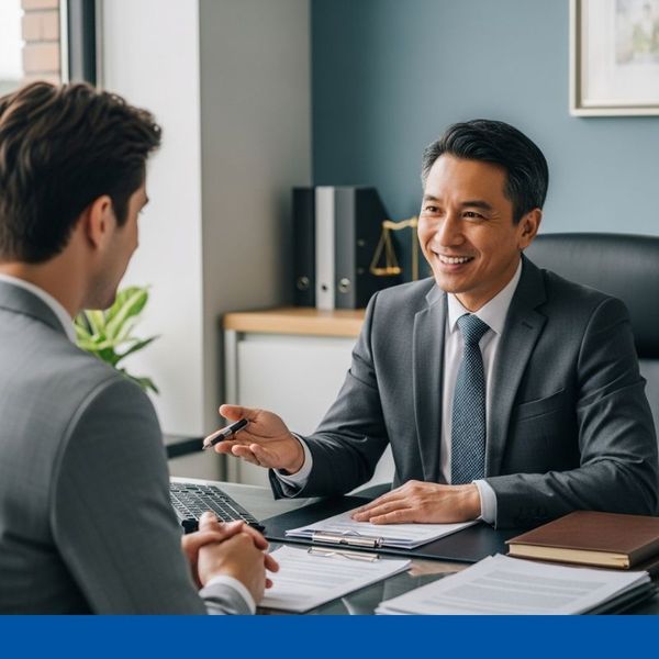 a professional and friendly attorney sitting at a desk and providing clear guidance to a client
