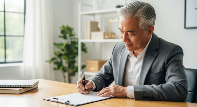 a man signing a formal legal document with a fountain pen on a polished oak desk