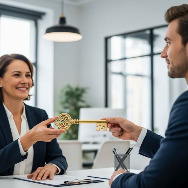 a woman giving a man an ornate, golden key