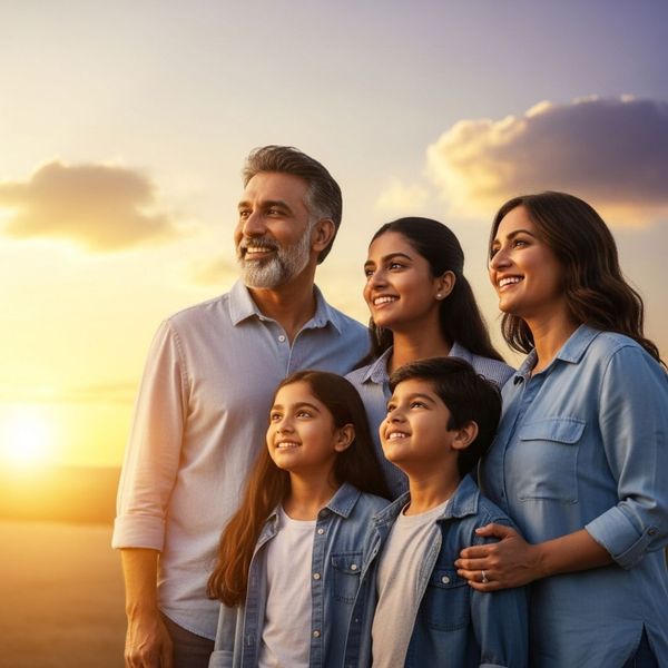 a happy family standing together and looking out at a bright, hopeful horizon