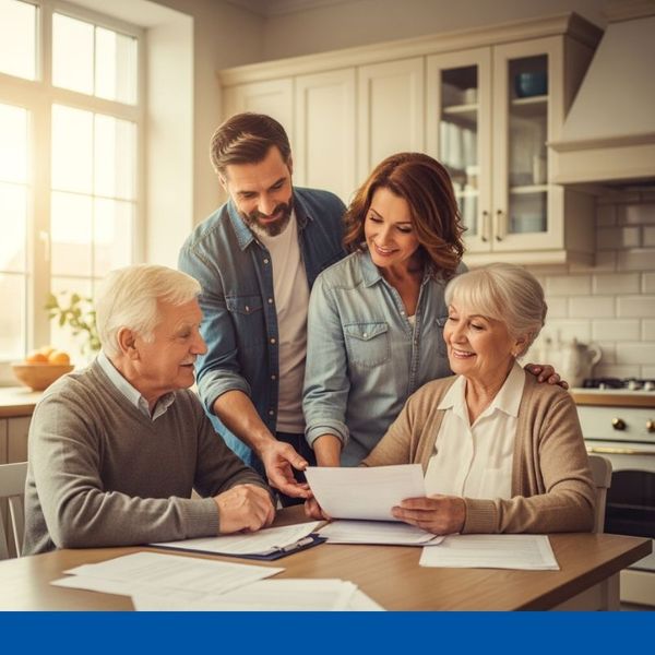 a middle-aged couple is helping their elderly parents with financial paperwork at a kitchen table
