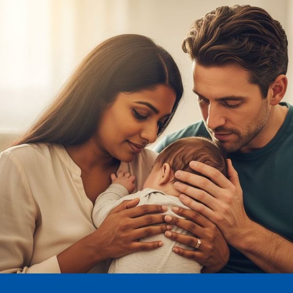 loving parents looking down at their young child with protective and caring expressions