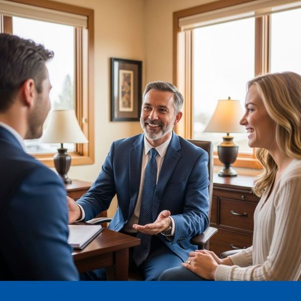 a friendly lawyer is meeting with a happy couple to discuss their estate plan