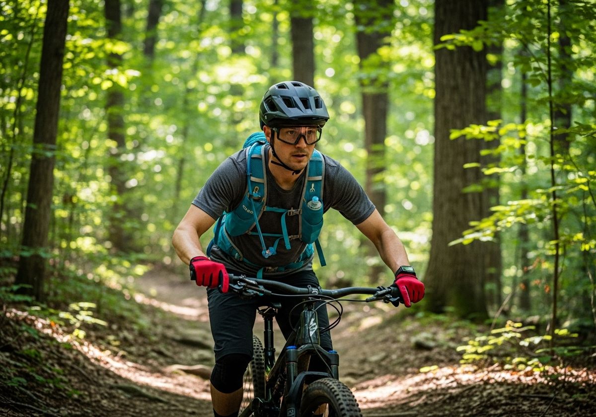 Mountain biker riding through lush forest