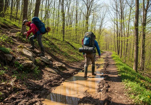 Two hikers wearing backpacks and boots navigate a muddy trail through a lush green forest. One hiker ascends a rocky slope while the other wades through a large puddle on the path. The forest is dense with trees, their branches just beginning to sprout new leaves in the early spring sunlight. Hikers on muddy trail in the woods