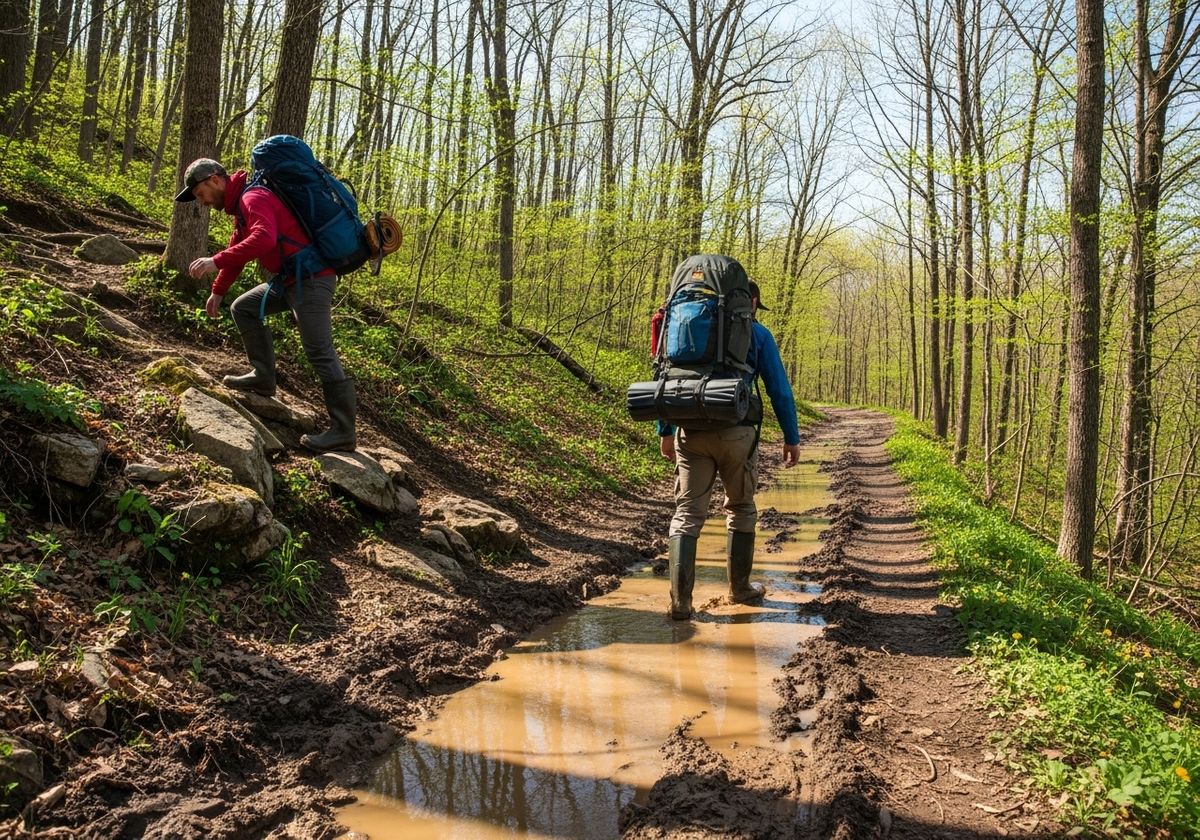 Hikers on muddy trail in the woods