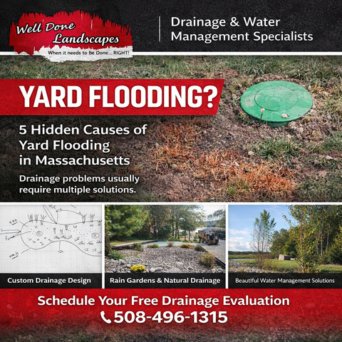 Pop-up drainage emitter installed in lawn to release stormwater from underground yard drainage system in Massachusetts.