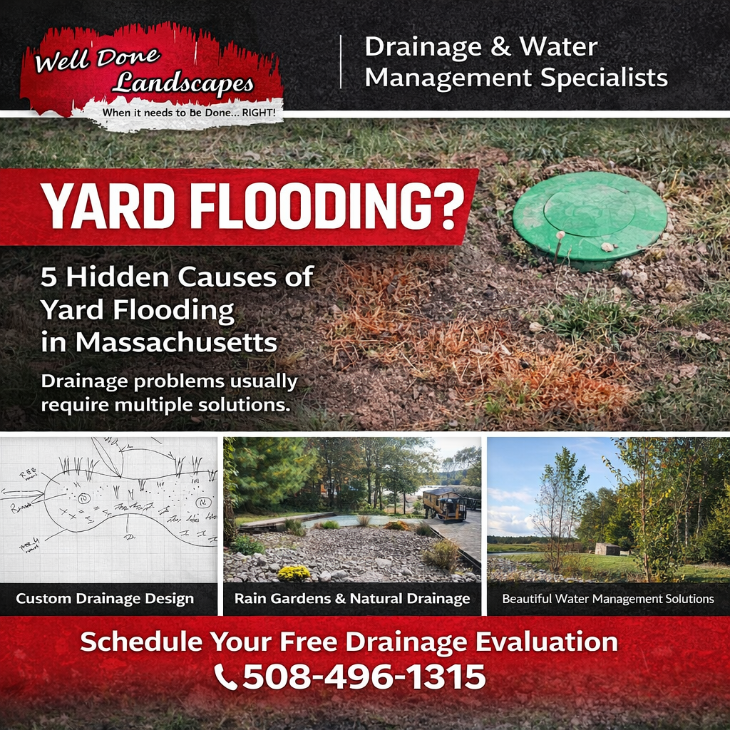 Pop-up drainage emitter installed in lawn to release stormwater from underground yard drainage system in Massachusetts.