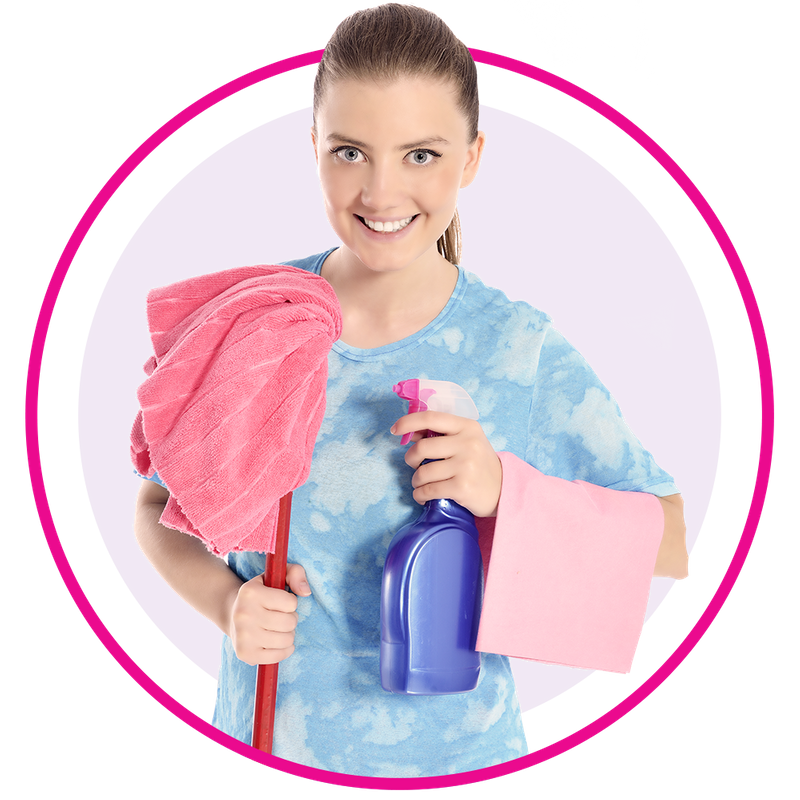 Cheerful cleaning woman with mop and cleaning equipment. Female