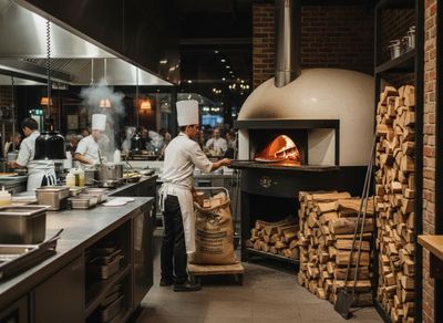 A chef places a pizza into a blazing wood-fired oven while other chefs prepare dishes in a busy commercial kitchen. Chefs working in a restaurant kitchen with a wood-fired pizza oven