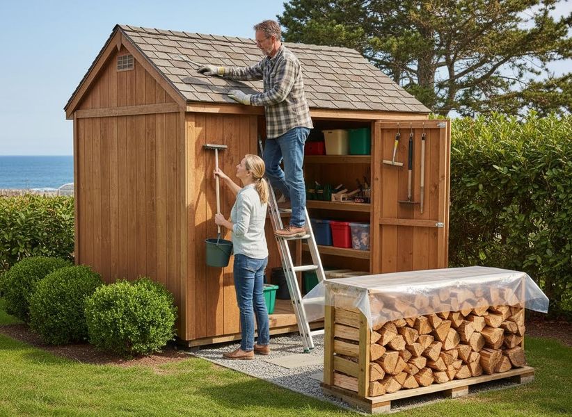 Couple maintaining a rustic wooden shed by the ocean
