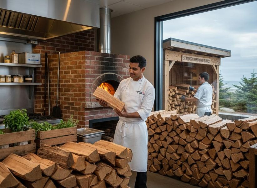Chefs preparing wood for a wood-fired brick oven