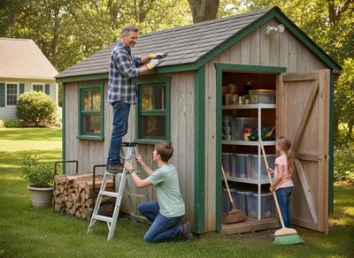 A father on a ladder works on a shed roof, while his son helps with the ladder, and his daughter sweeps inside the organized shed. Teamwork. Family Working on Outdoor Shed Maintenance