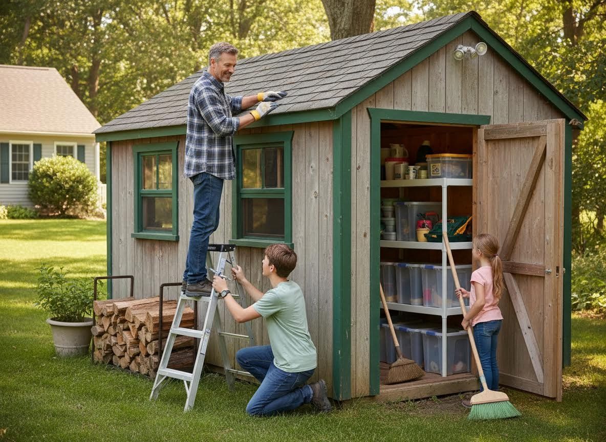 Family Working on Outdoor Shed Maintenance