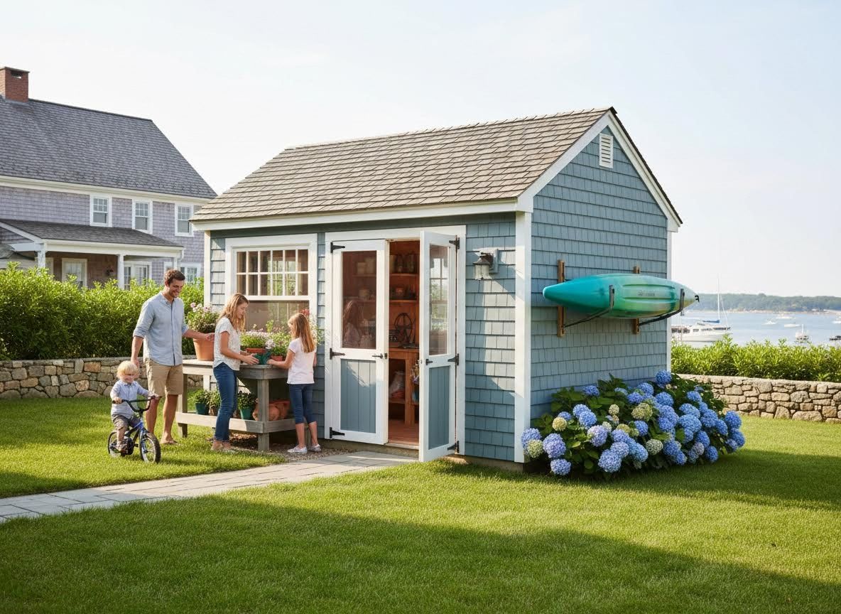 Family Outside a Blue Potting Shed with Kayak