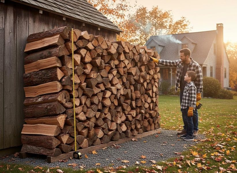 A man and boy in plaid shirts inspect a large stack of firewood next to a rustic shed, with a tape measure visible and fall leaves on the ground. Father and Son Measuring a Woodpile in Autumn
