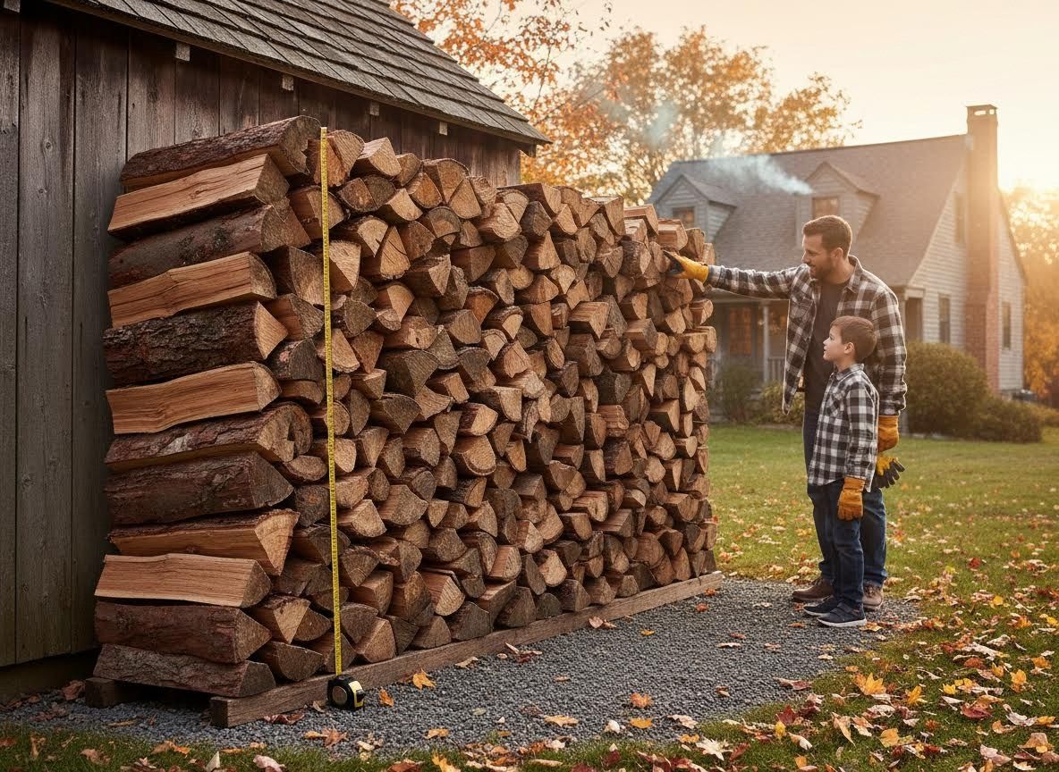 Father and Son Measuring a Woodpile in Autumn