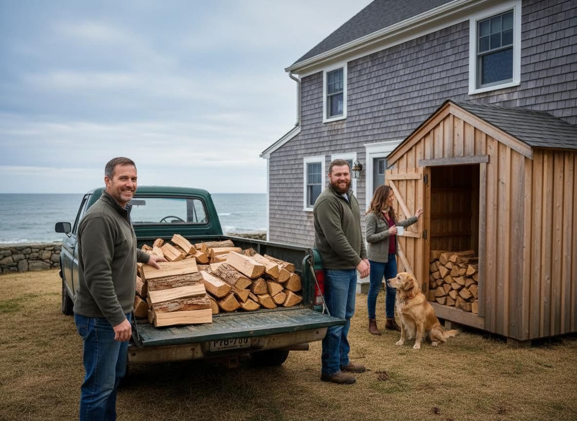 Family and dog with firewood at a coastal home