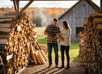 Couple gathering firewood in autumn