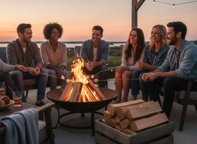 Friends roasting marshmallows around a fire pit