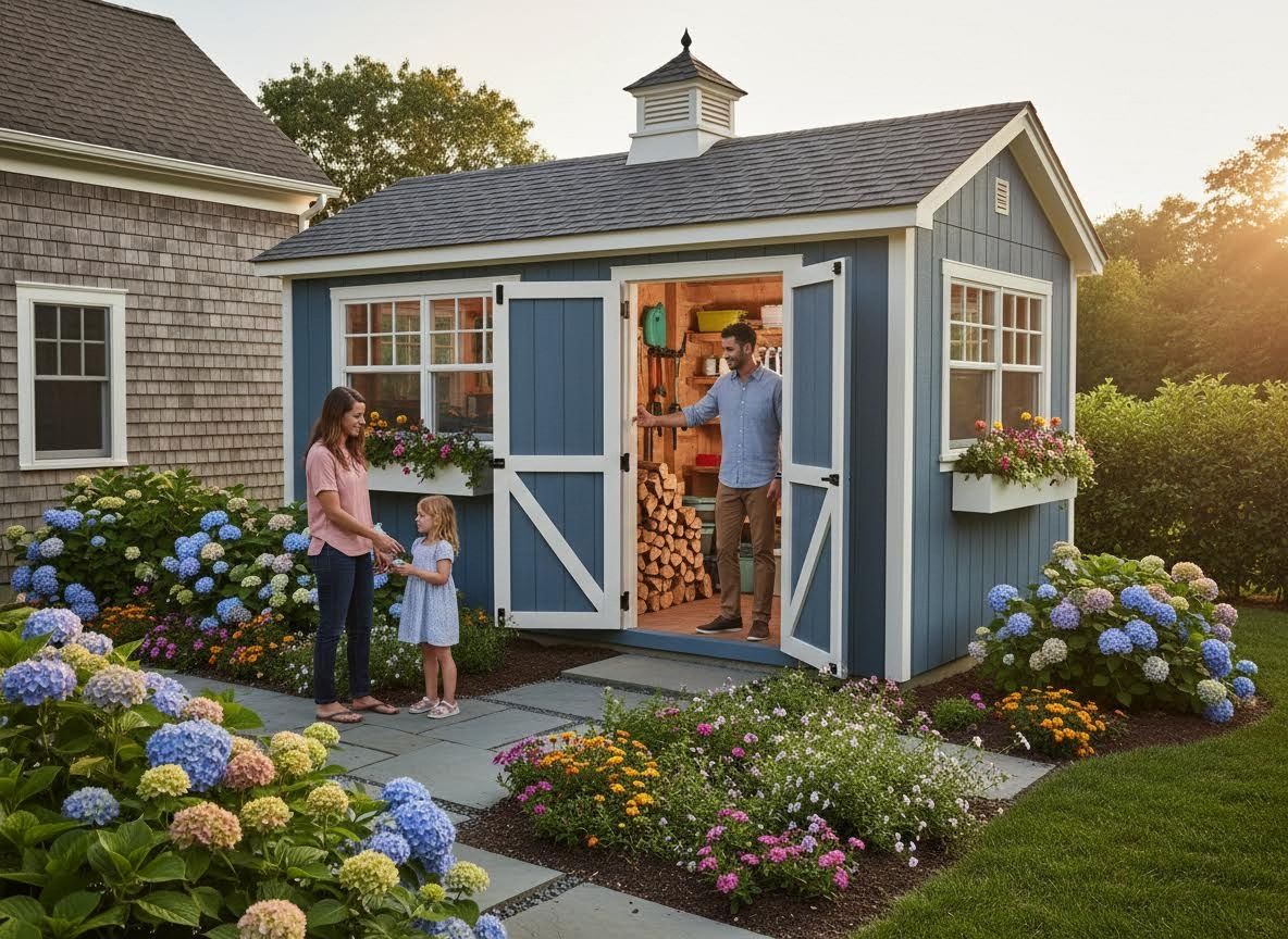 Family in a beautiful backyard with a blue shed