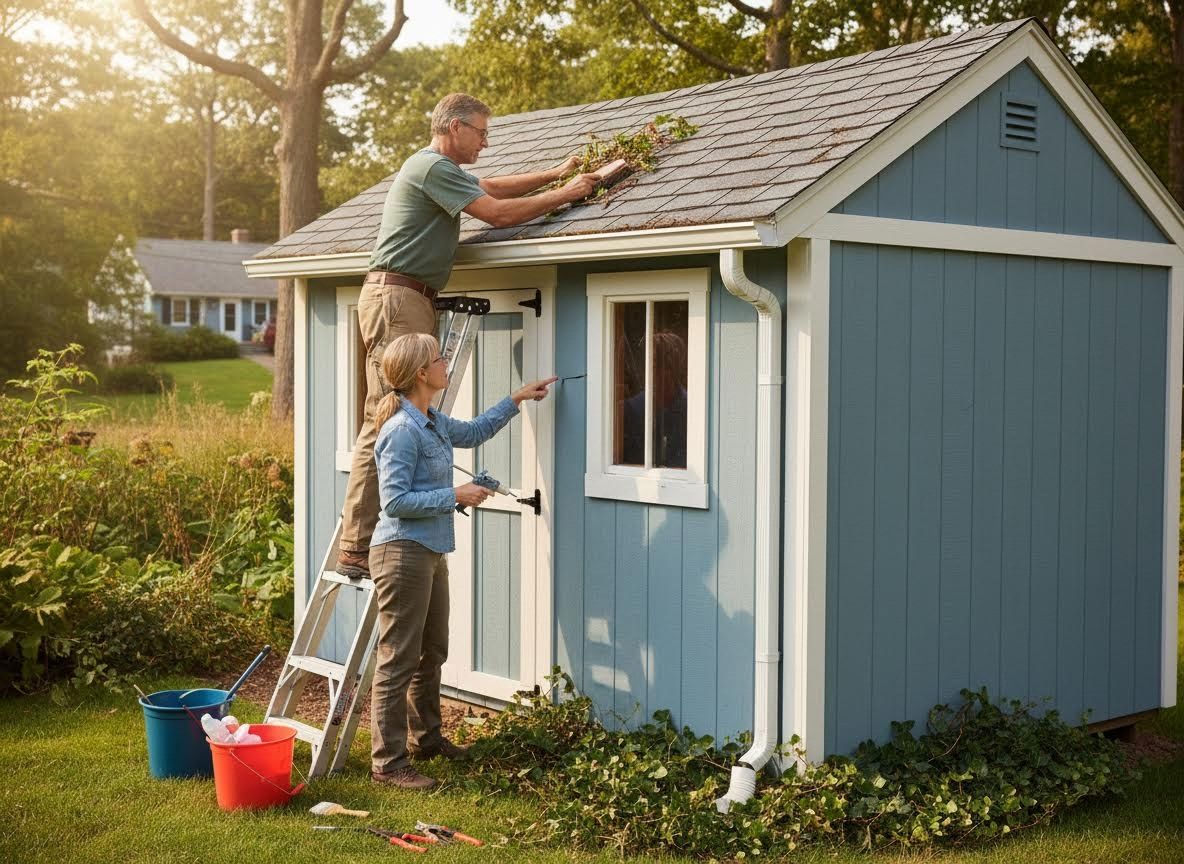 Couple Maintaining a Blue Garden Shed