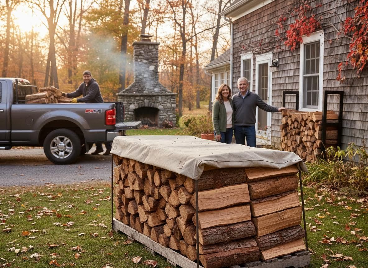Family preparing firewood for winter
