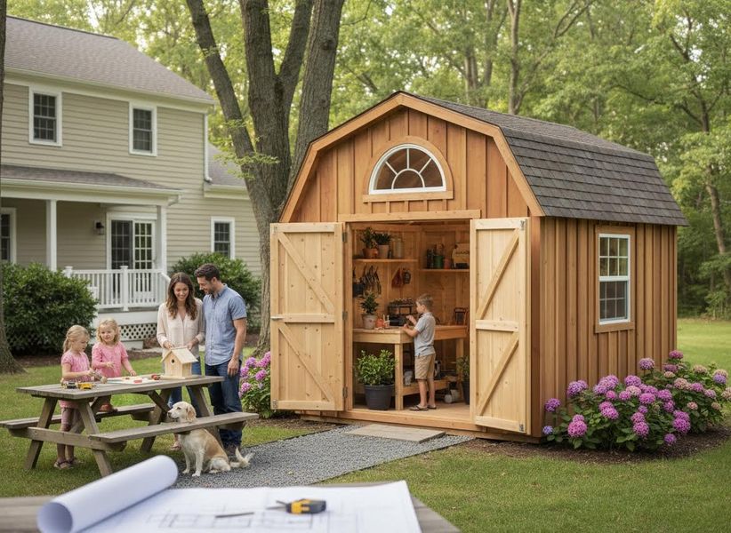 A family spends time outdoors: parents and two girls build a birdhouse at a picnic table, while a boy works in a garden shed with a dog nearby. Family enjoying backyard activities with a garden shed
